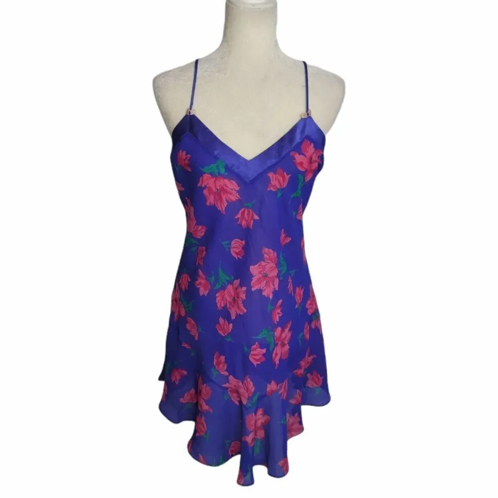 VINTAGE 80s slip‎ dress blue floral chemise strappy M